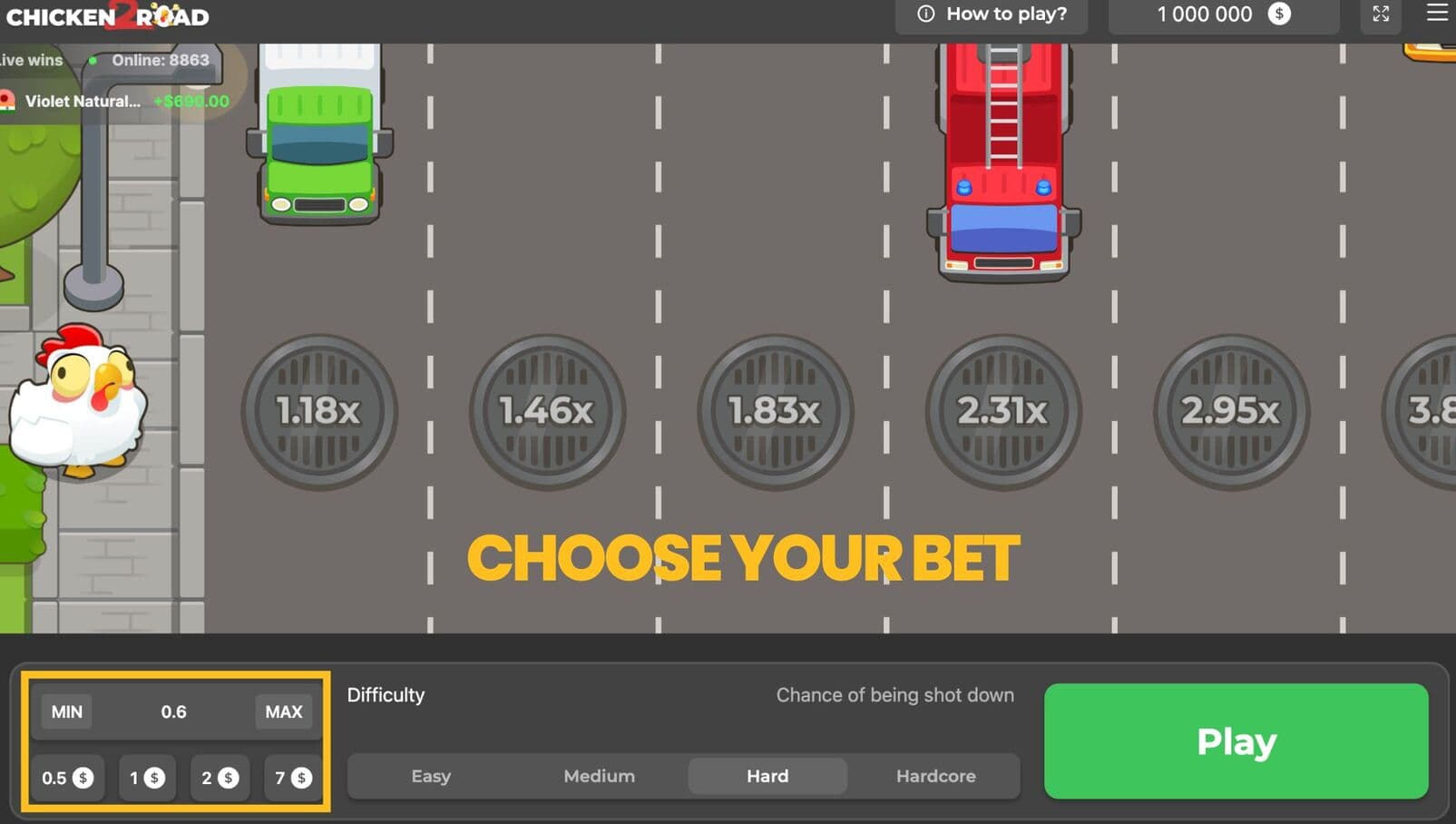 Paso 1 - Regístrate y elige tu apuesta inicial - Chicken Road 2